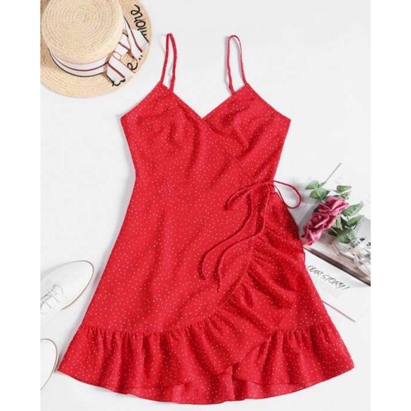 Zaful Dresses & Skirts - Zaful Red Wrap Dress Polka Dot Mini Size 8 L